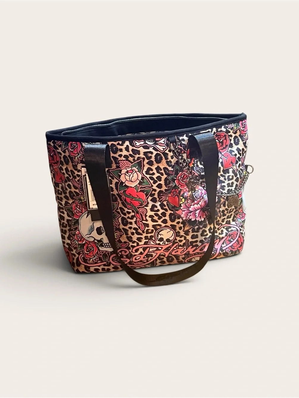 Floral Leopard Print Tote Bag with Skull Accents - Pink